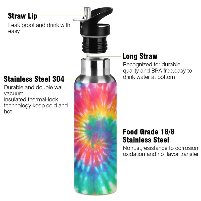 BOENLE Tie Dye Rainbow Water Bottle Girls Insulated Thermos Kids Women Stainless Steel Hot Cold Water Flask Jug Straw Lid for Sports Gym Running 20 oz - Image 2